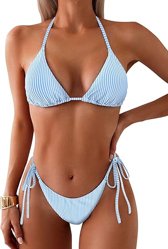 ZAFUL Wave Textured Triangle Bikini – High Cut Halter 2 Piece Swimsuit