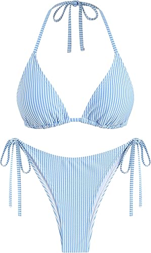 ZAFUL Wave Textured Triangle Bikini – High Cut Halter 2 Piece Swimsuit