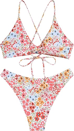ZAFUL Tie Back Padded Bralette Bikini – High Cut 2 Piece Swimsuit for Women